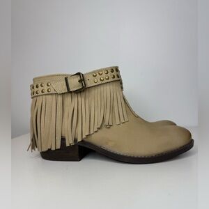Naughty Monkey Tan Leather Amigo Studded Fringe Ankle Boot Women’s Size 9